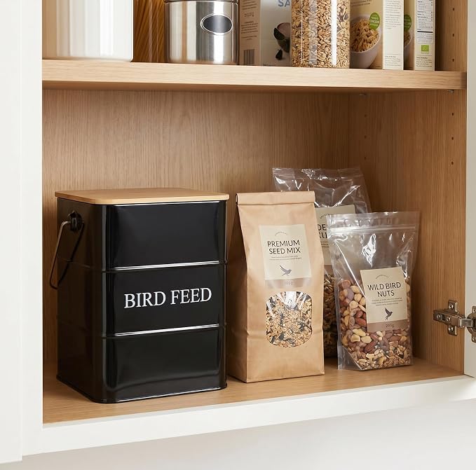 Metal Bird Seeds storage container,Outdoor Bird Container Canister, Pet Food Bin with Wooden Lid/Handle/Food scoop,hold 5-6 Lbs of Wild Bird Seed Sunflower Seed-Preventing Squirrels-Black
