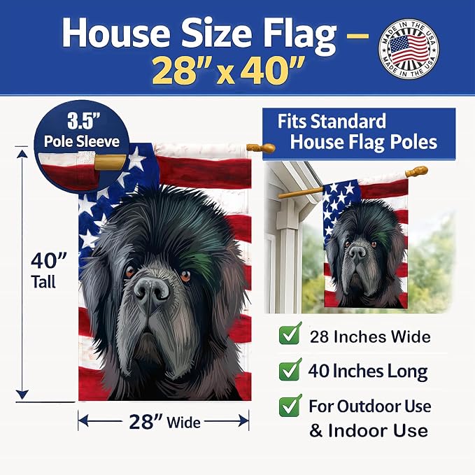 Caroline's Treasures CK6626CHF Newfoundland Dog American Flag House Flag Large Porch Sleeve Pole Decorative Outside Yard Banner Artwork Wall Hanging, Polyester, House Size, Multicolor