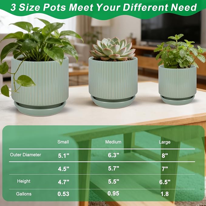 Ceramic-Flower-Pots-Sets-with-Saucer, 5/6/8 inch Small Planters for Indoor Plants with Drainage Hole, White Vertical Stripe Plant Pots for Home Decor, Outdoor Garden Pot For Succulent Cactus Herb