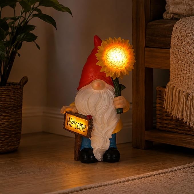 Solar Garden Gnome Outdoor Statue, 11.8" Resin Outdoor Gnome Garden Decor with Lighted Sunflower and Welcome Sign for Yard Patio Porch Lawn Decorations, Garden Gifts for Housewarming and Festivals