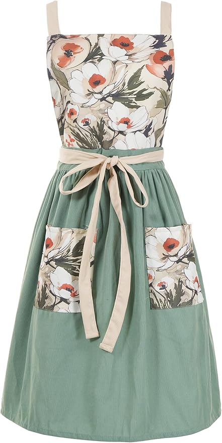 Pinknoke Vintage Pinafore Apron Dress for Women with Pockets Cute Floral Chef Aprons for Kitchen Cooking Baking Gardening