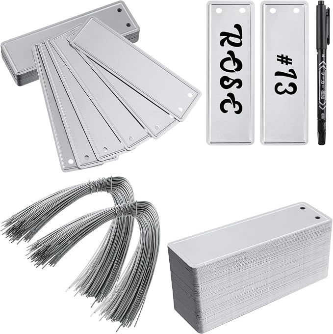 200 Aluminum Plant Tags with 200 Metal Wires - Double Sided Write On Metal Labels - Solid Stamping Tags - Waterproof Outdoor Plant Markers for Trees, Greenhouses