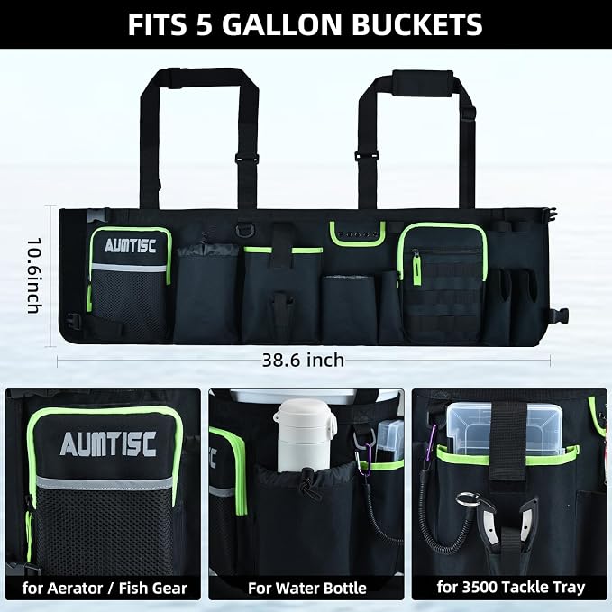 AUMTISC 5 Gallon Bucket Fishing Organizer, Waterproof Ice Fishing Bucket Tool Bag with Rod and Tackle Boxes Holder, Multi-Pocket Tool Caddy Bags for Fishing Gear and Equipment