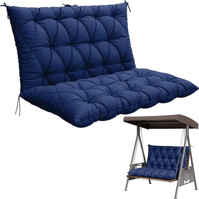 Porch Swing Cushion with Backrest,Waterproof Bench Cushion for Outdoor Furniture,2-3 Seater Replacement Thickened 5 in swing cushion,with Ties,Patio,Outdoor,Backyard and Garden (Blue,47x40 in)