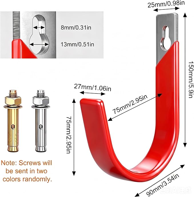 Heavy Duty Metal Garage Hooks Wall Mount 2 Pack, Garage Hanger Utility Storage Hooks for Outside, Hose Rack Suitable for Garage,Garden and Yard,Red