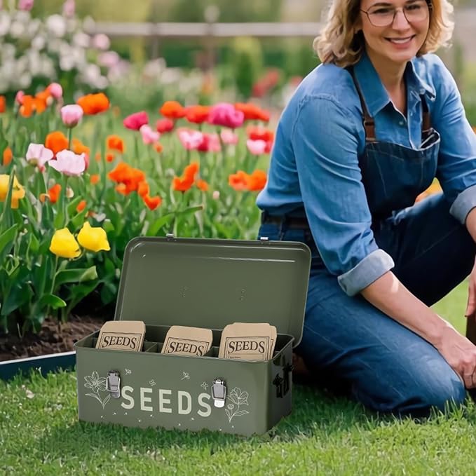 Seed Storage Organizer with Lid, Metal Seed Bin Seed Packet Container with 100 Plant Labels 50 Seed Envelopes 50 Plant Clips 1 Marker Pen, 4 Compartments Box with Locks