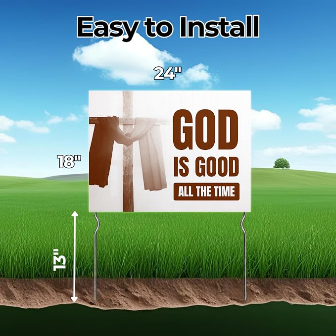God is Good - All the Time! Yard Sign by DC | 24"x18" Double Sided Church Garden Sign with 13” Metal Stakes | Outdoor Signs Waterproof for Lawn, Patio, Sidewalk & House | Set of 3 | Made in USA