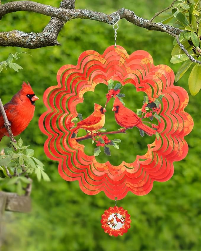 Cardinal Wind Spinners Outdoor, 12 Inch Stainless Steel Spinfinity Wind Spinner, 3D Kinetic Hanging Sculpture, Garden Suncatchers, Wind Chimes for Outside, Metal Yard Art Ornament, Nana Gifts