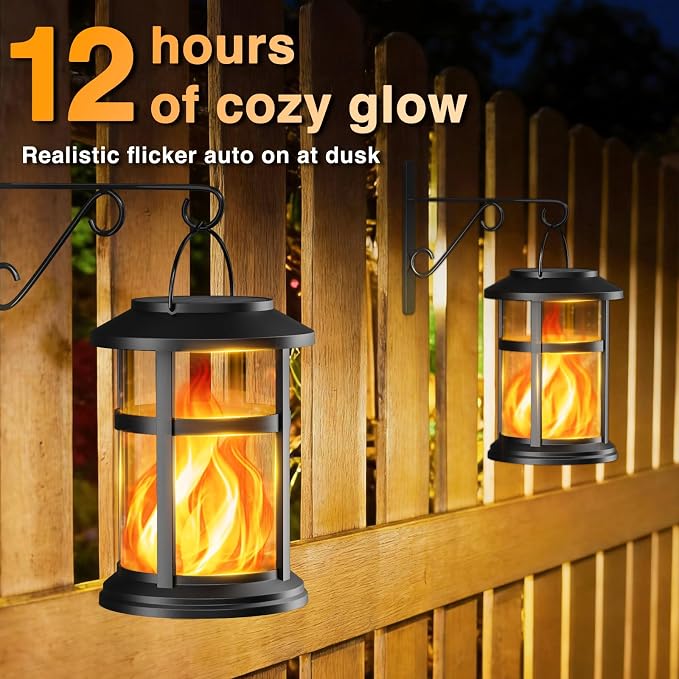 Otdair 2 Pack Solar Lanterns Outdoor Waterproof, Upgraded Flickering Flame Hanging Solar Lights for Outside, Solar Powered Lantern for Patio Yard Garden Porch Decor, Gift for Mom Housewarming