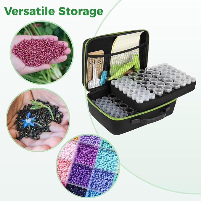 114 Slots Seed Storage Organizer Kit, Waterproof Portable Seed Box with Envelopes, Funnel, Shovels, Tweezers, Labels, Garden Saver Kit for Flower, Vegetable, Plant, Green