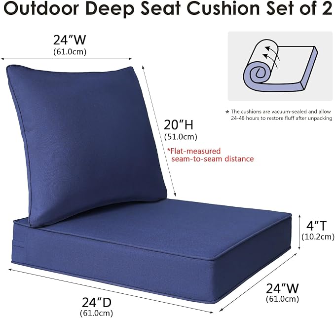 Unimatta Outdoor Patio Chair Cushions Set, 24" x 24", Set of 2, Water-Repellent, Fade Resistant, Deep Seat Bottom and Back Cushion for Backyard, Couch, Sofa and Patio Furniture, Navy