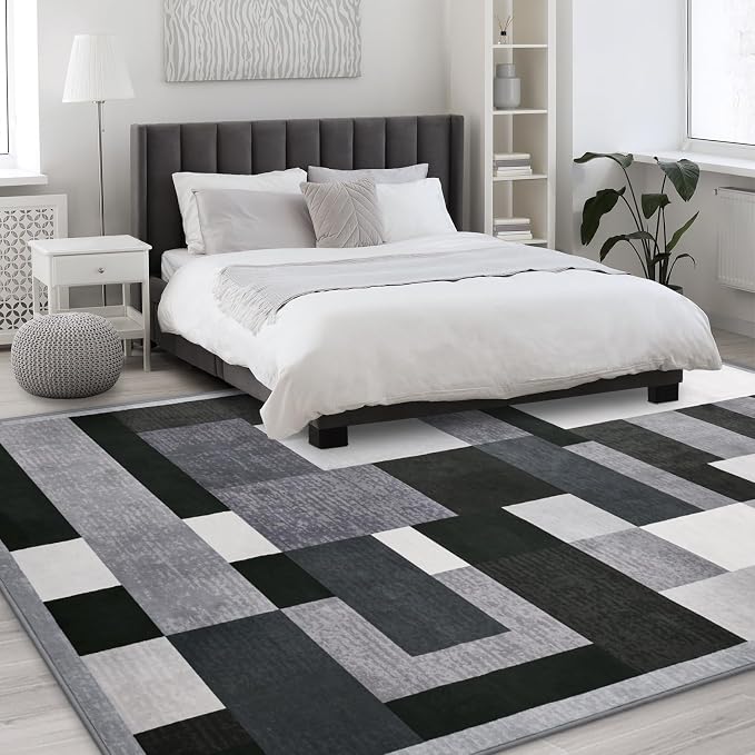 TWINNIS Indoor Modern Area Rug, 8x10 Geometric Patchwork Style Washable Large Rugs for Living Room Bedroom Hardwood Floors, Non Shedding Non Anti Backing Soft Carpet Home Floor Decor, Black