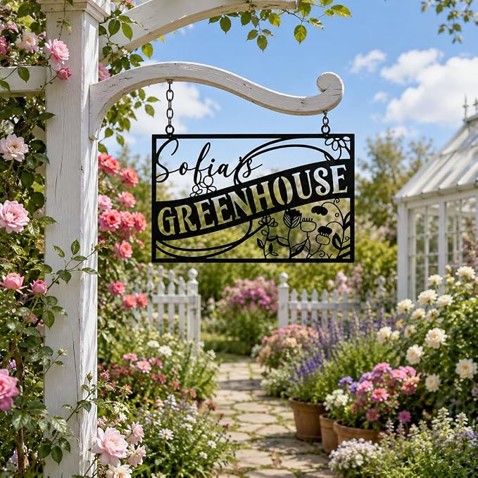 Personalized Greenhouse Sign, Custom Metal Garden Plaque with Family Name, Rustic Outdoor Wall Art for Garden Decor, Unique Mother's Day & Gardener Gift for Yard and Patio