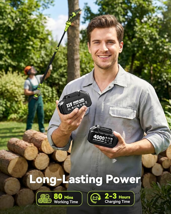 Electric Pole Saw, 6-Inch Cordless Mini Chainsaw with Extension Pole, Extendable to 16 ft, 2x4.0Ah Batteries, Tool-Free Chain Tensiong, Electric Pole Chainsaw for Tree Trimming & Thick Branch Cutting