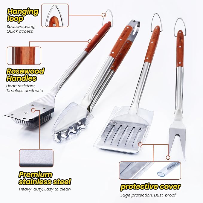 4PCS Grilling Accessories Rose Wooden BBQ Grilling Tools Set, Heavy Duty Stainless Steel Barbecue Grill Tools Kit with Spatula, Clips, Brushes, Forks for Outdoor Grill, BBQ Gift for Men and Women
