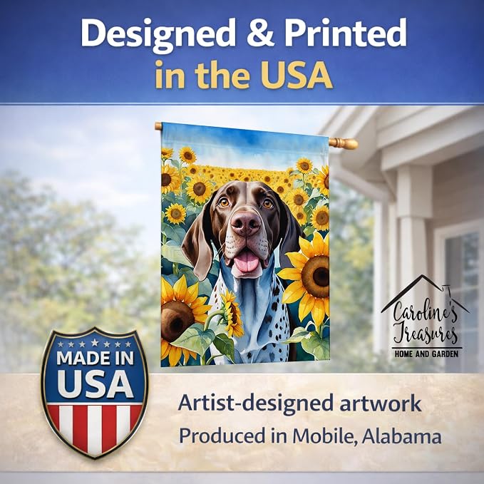 Caroline's Treasures DAC6085CHF German Shorthaired Pointer in Sunflowers House Flag Large Porch Sleeve Pole Decorative Outside Yard Banner Artwork Wall Hanging, Polyester, House Size, Multicolor
