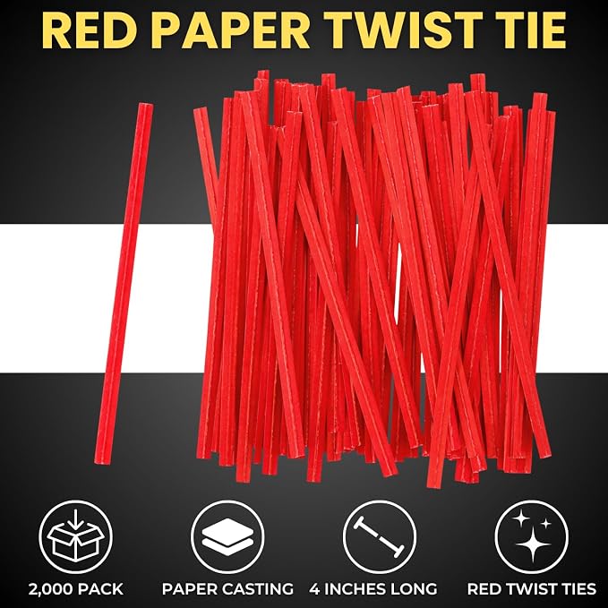 Red Twist Ties, Bread Tie, 4" x 3/16" Paper with Single Wire 2000 Pack