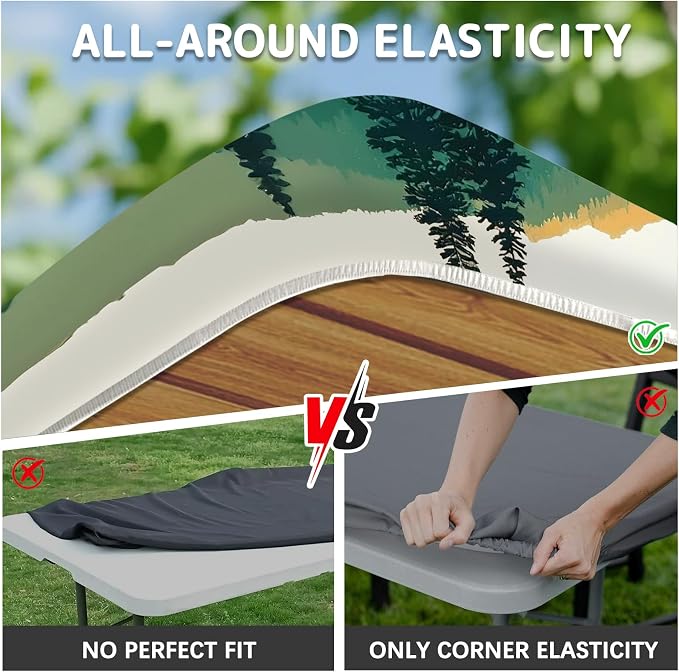Picnic Table Cover with Bench Covers Elastic Edges, 3 Pcs Mountain View Fitted Table Cover with Drawstring Bag, Waterproof Windproof Aesthetic Camping Tablecloth, Outdoor Camping Essentials 72 Inch