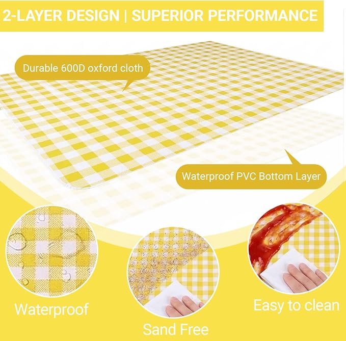 Waterproof Foldable Picnic Blanket Outdoor with Carry Strap,80"X60" Extra Large Beach Blanket Sandproof,Portable Soft Gingham Picnic Mat for Camping Travel Hiking Family Concerts Park(Yellow)