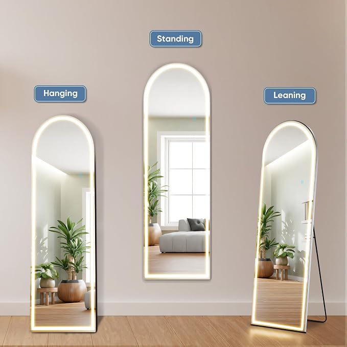 16"x60" Arched LED Full Length Mirror with Stand, Full Body Mirror | LED Lights 3 Color Lighting, Wall Hanging or Leaning, Floor Standing, Modern Simple Home Wall Decor