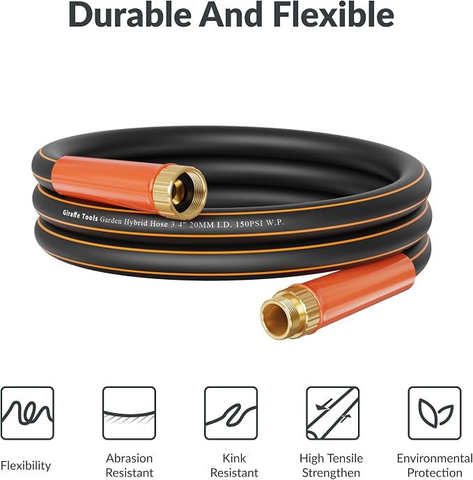 Giraffe Tools Garden Hose 75ft x 3/4", Heavy Duty Water Hose, Flexible, Hybrid Lightweight Hose, Male to Female Fittings, Burst 600 PSI