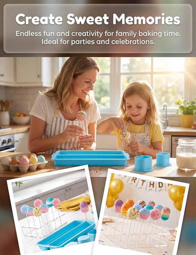 Cake Pop Mold Kit, Including Circle Cake Pop Cutter, 9 Inch DoubleTray, Cake Pop Stand, Lollipop Sticks, Clear Treat Bags and Gold Twist Ties for Home Desserts Baking Accessories, Blue