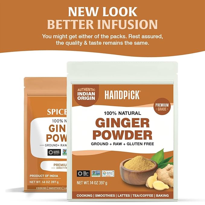 HANDPICK Ginger Powder (14oz/397g) No Additives, No Preservatives, No Fillers | Ginger Root Powder from India | Raw, Gluten Free, Non GMO | Perfect for Cooking | Resealable Pack (Packaging may vary)