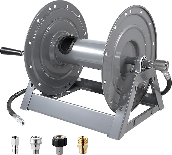 FIXFANS Pressure Washer Hose Reel, 300FT x 3/8" or 500FT x 1/4" Heavy Duty Hose Reel, Manual Crank Power Washer Hose Reel with M22 Fitting, Wall/Floor/Truck Mounted, 4000 PSI
