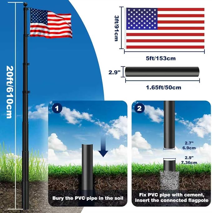 HAYOHRT 20FT Telescopic Flag Pole 12 Gauge Extra Thick Telescoping Flagpole with 3x5 American Flag Can Fly 2 Flags for Outside House In Ground 100MPH Wind Tested Freedom Edition Residential Pole