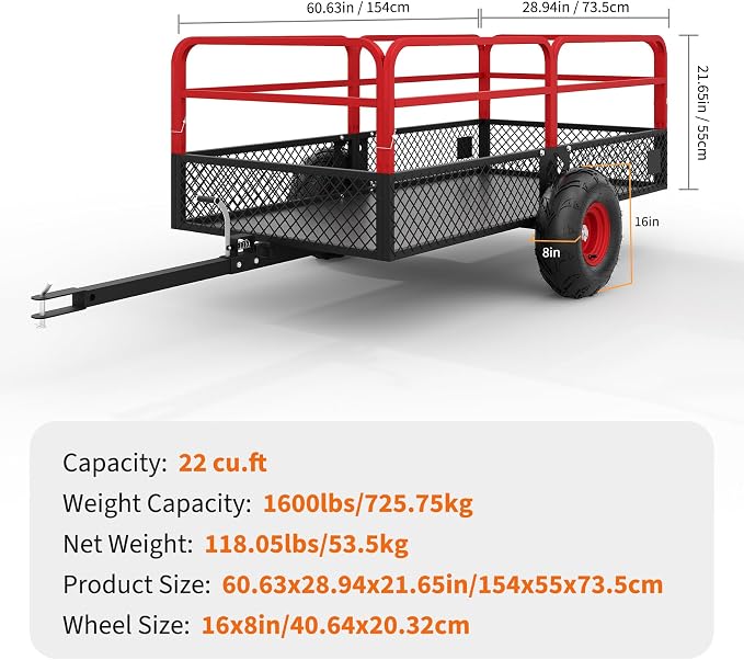 PeakPursuit Tow Behind Steel Dump Cart, Heavy Duty Yard Garden Trailer with Removable Sides & All Terrain Tires, Fits Lawn Mower, Tractor, Garden Cart, 1600 lbs 22 Cubic Feet, Red