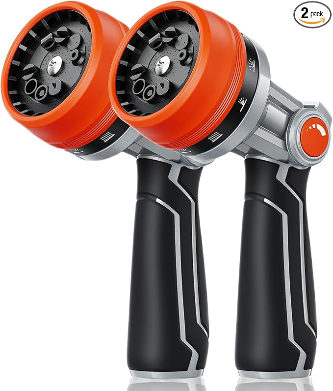 RAINPOINT Full-Metal Garden Hose Nozzle, Heavy Duty Water Hose Nozzle Sprayer With 10 Adjustable Patterns & High Flow,Thumb Control For Flow Adjustment, Ideal For Watering, Washing, Cleaning,Orange