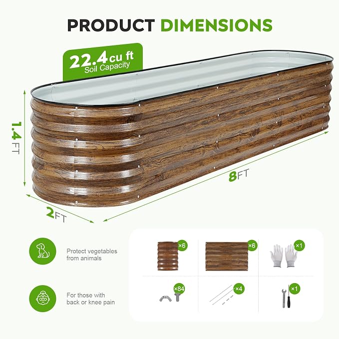 Galvanized Raised Garden Bed Outdoor- 2PCS 8x2x1.4ft Oval Steel Raised Beds for Gardening, Metal Planter Box with Protective Strip and Gloves for Vegetables, Flowers, Fruits (Brown)