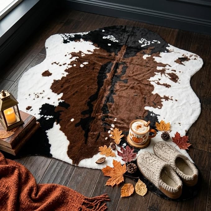 MustMat Brown Faux Cowhide Rug, American Rustic Decor 4'7"x 5'3" | Perfect For Corners & Sofa Front. Complements Western & Vintage Styles, Great for Halloween and Christmas Decor