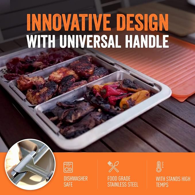 Yukon Glory™ BBQ 'N SERVE Premium Set, Includes 3 Grill Baskets, Serving Tray, Bamboo Cutting Board, Plastic Lid and Clip-on Handle | 7-piece complete set | RUST-PROOF & WARP-PROOF | Bamboo board | Serving station | Clip-on handle | Dishwasher safe
