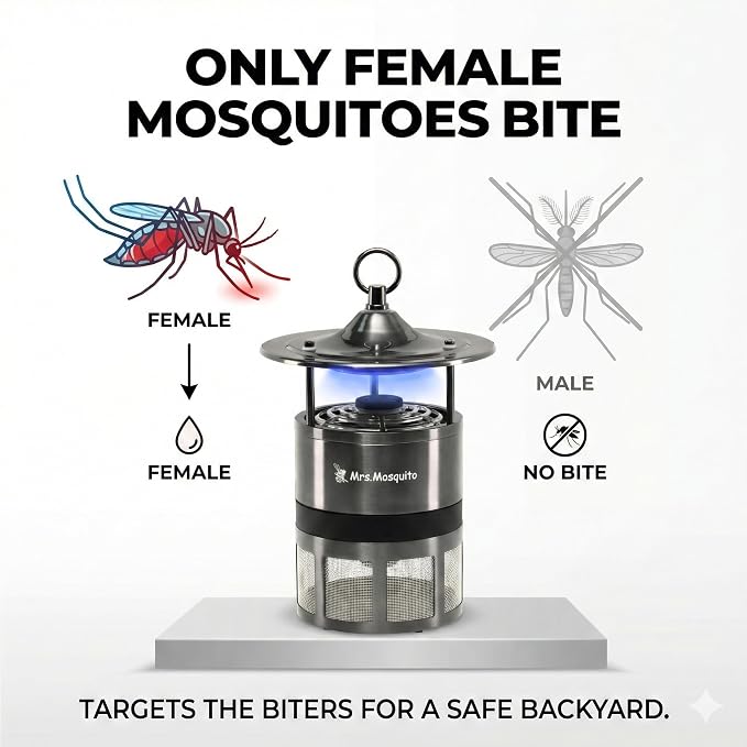 Outdoor Mosquito Trap – Premium Stainless Steel Insect Killer with UV Light & Octenol Lure, Rainproof, Ultra-Quiet, 15,000-Hour Lamp Life, Safe for Family & Pets