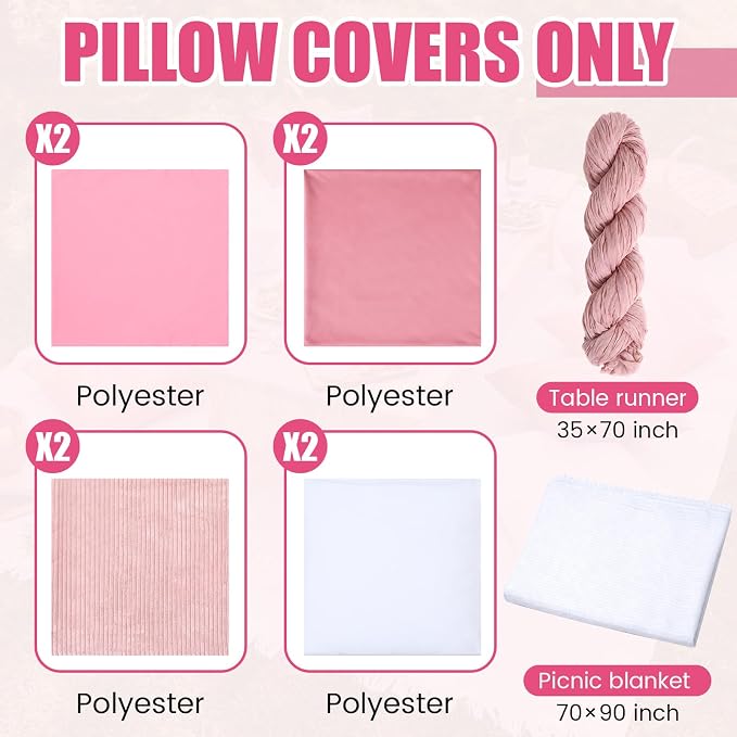 Yuntau Large Outdoor Boho Picnic Blanket with Table Runner 8 Pink White Red Pillows Covers No Pillow Summer Picnic Decor for Camp Birthday Party Bridal Shower Outdoor Backyard Garden(Pink)