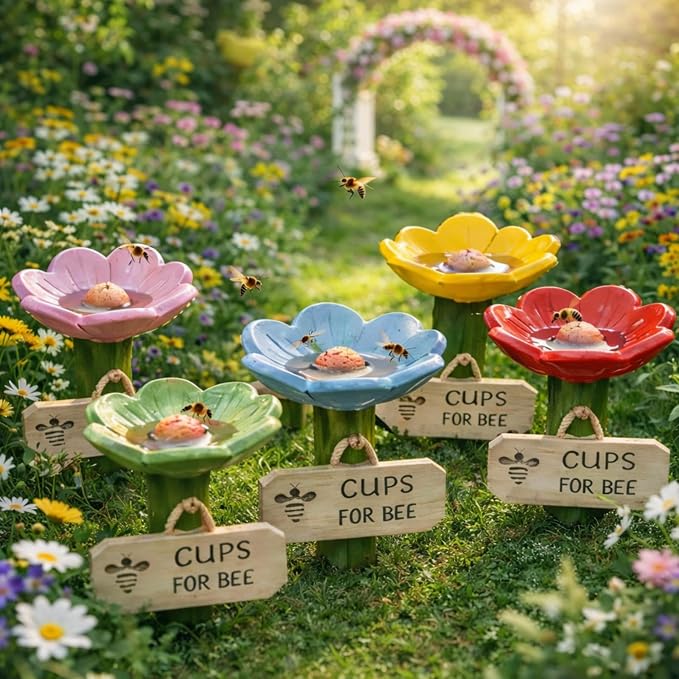 Bee Watering Station for Garden 5-Pack, Flower Bee Water Feeder, Ground Stake Pollinator Watering Station for Yard, Flower Bed, Planter