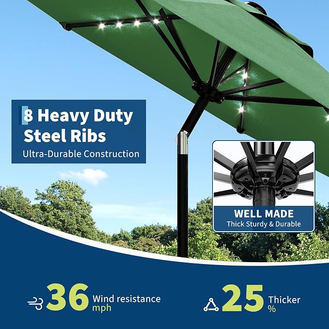 Patio Umbrella with Solar Lights, Outdoor Table Umbrella with 8 Durable Ribs, Tilt & Crank Mechanism, Water & UV Protection Sun Shade Umbrella for Garden, Poolside, Backyard (Dark Green, 10 FT)