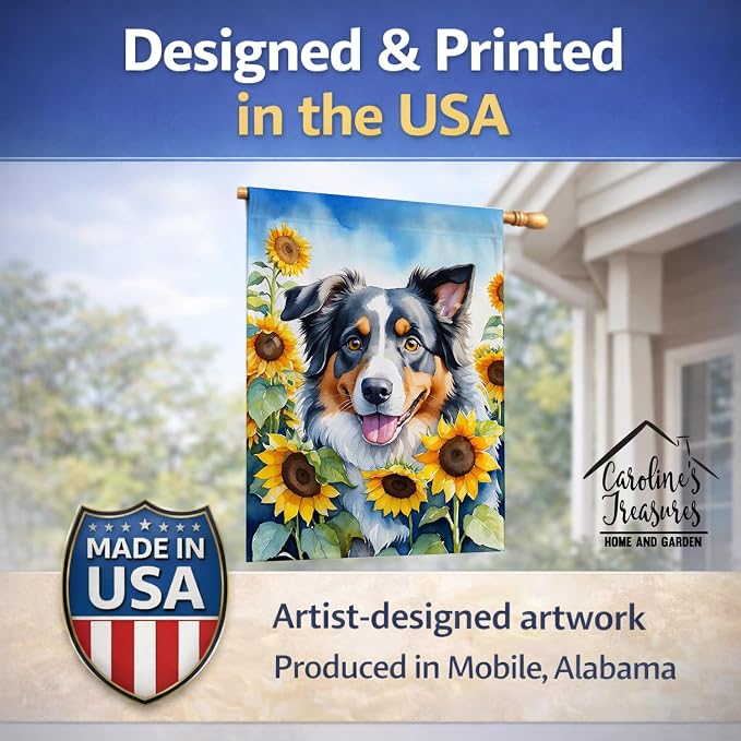 Caroline's Treasures DAC6014CHF Australian Shepherd in Sunflowers House Flag Large Porch Sleeve Pole Decorative Outside Yard Banner Artwork Wall Hanging, Polyester, House Size, Multicolor