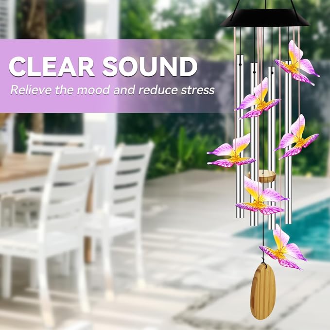 Wind Chimes for Outside, Solar Lights Outdoor Waterproof, Color Changing Butterfly Light for Yard, Outdoor, Patio, Garden Decor, Wind Mobiles Gardening Gifts for Women, Mom, Wife, Purple Butterfly