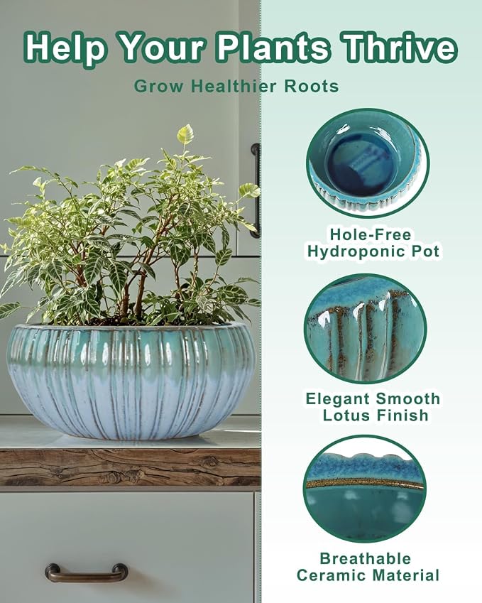 vensovo Round Ceramic Lotus Planter Pot - 11 Inch Large Lotus Flower Bowl, Water Lily Bowl Planter for Aquatic Plants, Bonsai Trees(Green Gradient)