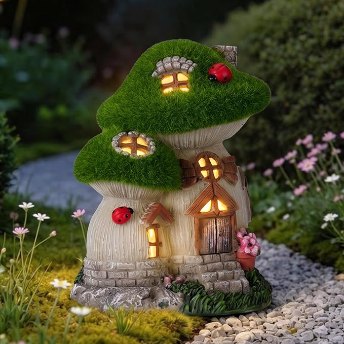 Mushroom Fairy Garden House, Solar Fairy House for Outside Decor, Outdoor Yard Garden Statues for Lawn, Balcony Patio, Outdoor Figurine Lights Gifts for Mom Women