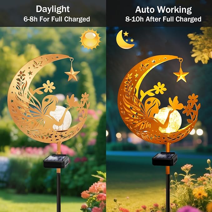 Solar Garden Lights Waterproof, Gift for Women Mom Grandma Wife Daughter, Fairy Pathway Stake Light, Glass Globe with Moon Fairy Decor, Outdoor Decor Light for Walkway Yard Lawn Patio Courtyard Garden