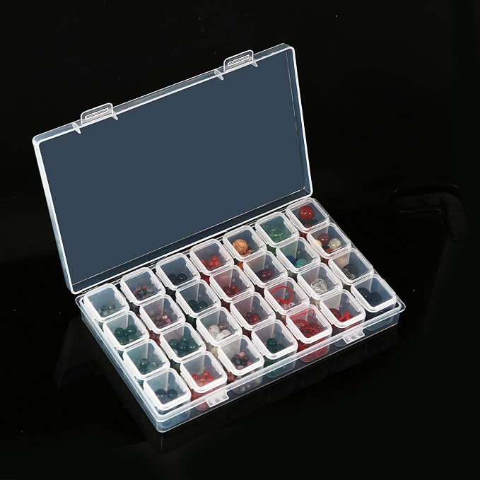 KINJOEK 4 Pack 28 Grids Diamond Paint Storage Boxes, 112 Slots Plastic Bead Organizer Containers with Labels, Movable Dividers Diamond Bead Painting Art Case for Cross Stitch Accessories Supplies