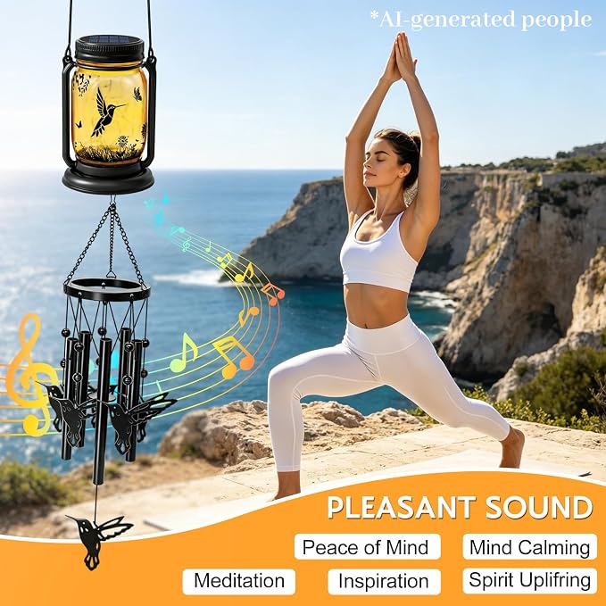 2 Pack Solar Hummingbird Wind Chimes for Outside, Birthday Mother' s Day Gifts for Mom Women Grandma,Solar Hummingbird Wind Chime Light Hanging Wind Chimes Outdoor,IP65 Waterproof, Yard Garden Terrace