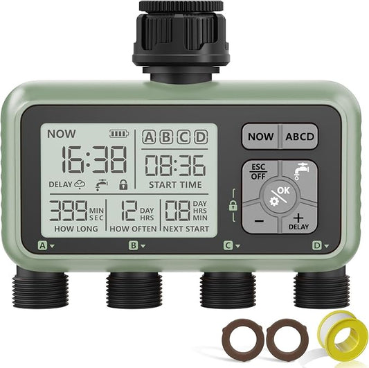 Sprinkler Timer 4 Zone Water Timer for Garden Hose Programmable Outdoor Hose Faucet Controller with Rain Delay Manual and Automatic Irrigation Controller System Low Battery Warning for Lawn Yard