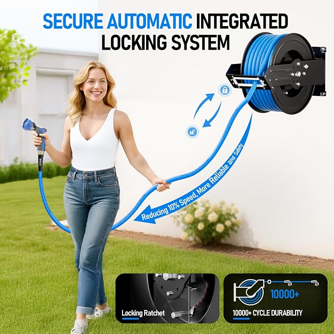 SPECILITE Retractable Hose Reel with 5/8'' Hot/Cold Garden Water Pipe 100ft, -50℉ -190℉, Heavy Duty Metal Wall Mount Spool, with 6ft Lead Hoses, Nozzle, 3/4'' Brass Fittings for Garage, Yard, Blue