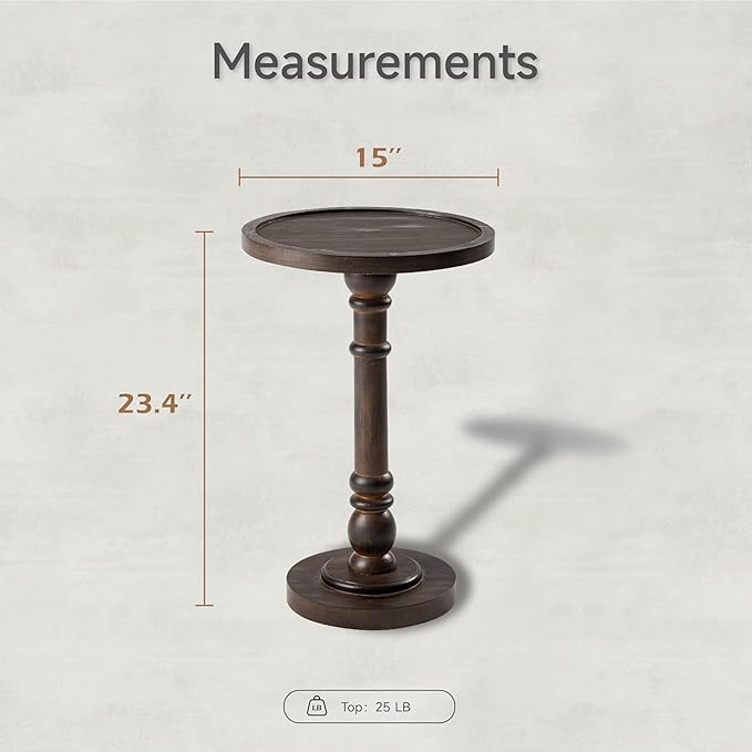 COZAYH Traditional Rustic Pedestal Table, Round Tray Top End Table with Farmhouse Style Distressed Finish for Small Spaces, Dark Brown