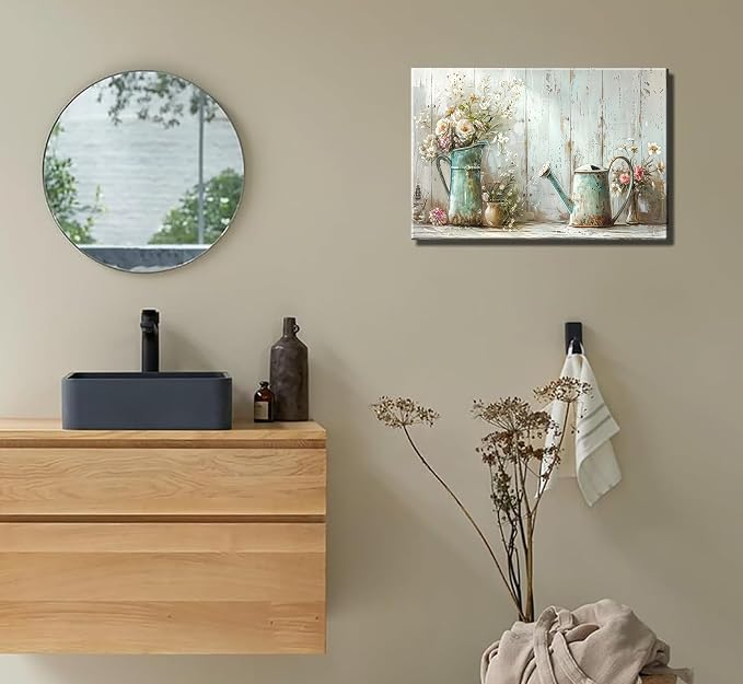 Farmhouse Flower Bathroom Canvas Wall Art Vintage Floral Decor Pictures White Daisy Flowers Watering Can Posters Prints for Bathroom Toilet Washroom Lavatory Home Decoration