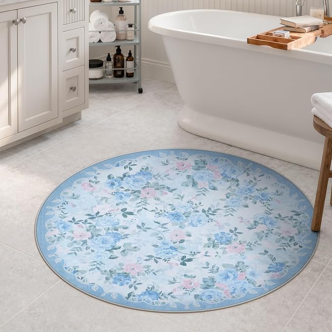 Lahome Round Floral Bathroom Rug 4ft, Low Pile Ultra-Thin Bath Mat | Pet Friendly, Easy To Clean Non Slip Carpet For Bathroom Vanity, Playroom Corner Or Cozy Nook
